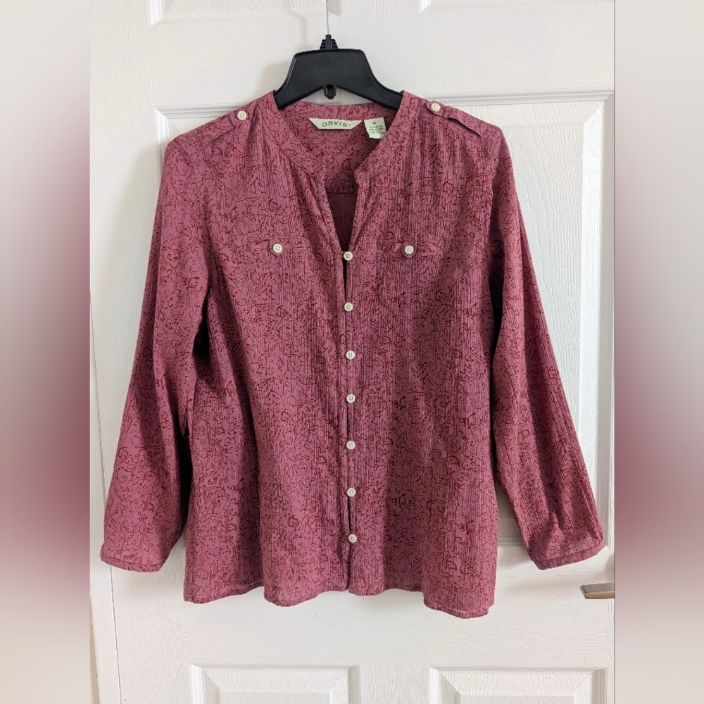 Orvis Women's Dusty Rose Button-Front 100% Cotton Blouse Shirt Top M